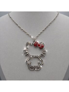 Hello Kitty Red Bow Crystal Pendant Silver Chain Crystal Rhinestone Cute